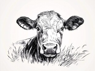 黑白牛素描 草地上的凝望