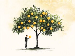 男子树下摘金黄果实