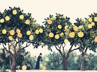 果园中女人采摘金黄果实