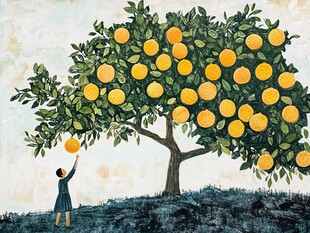 女孩伸手摘树上的橙子