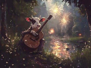 牛在林间弹吉他赏烟花