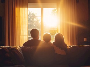 一家人共赏窗外阳光美景