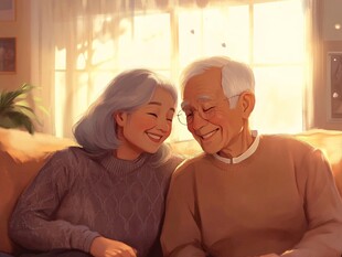 夕阳下老夫妻温馨依偎