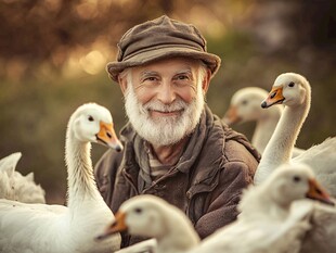 老人与鹅的温馨瞬间