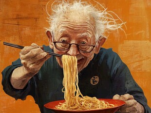 老人开心享用一碗长面条