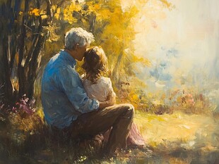 黄昏下的祖孙温馨依偎