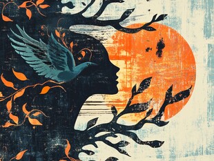 飞鸟与剪影头像的梦幻图景