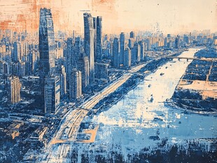 复古风都市河畔建筑景观