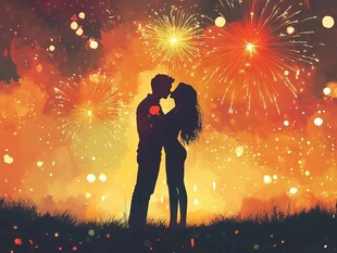 烟花下情侣浪漫相拥