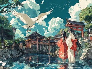 古风河畔 和服男女与飞鸟