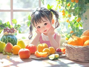 可爱女孩与缤纷水果