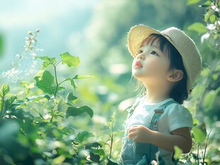 萌娃田园间仰头望景