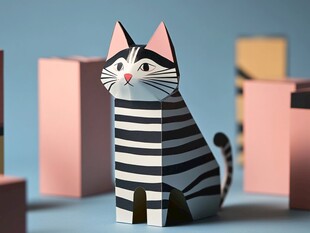 条纹纸猫与彩色方块摆件