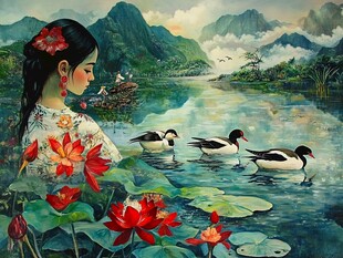 湖畔佳人伴荷鸭赏山水