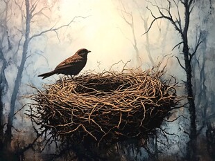 孤鸟守巢于朦胧森林间