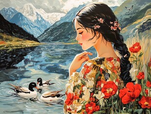 湖畔花衣少女赏鸭景