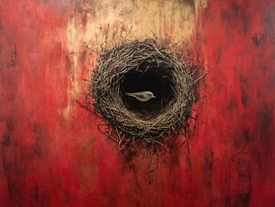 红墙鸟巢中的孤独小鸟