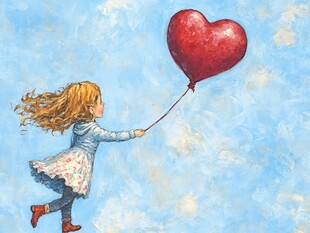 女孩牵心型气球快乐奔跑