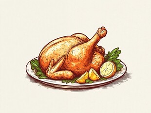 烤鸡配柠檬装饰插画