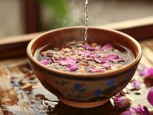 花瓣入碗 清水倾注之美