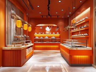 橙色调中式糕点店内部场景