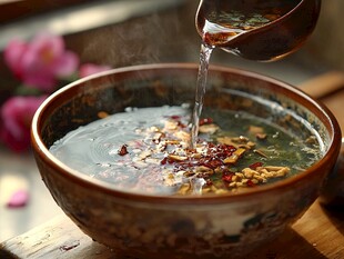 古碗中倒入养生花草茶汤