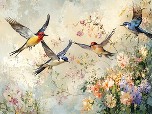 群燕飞舞于烂漫花丛间