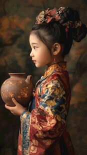 古典女童持陶 华服之美
