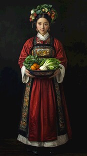 清代女子持果蔬典雅形象