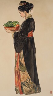 古典女子捧果图