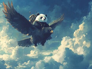 熊猫骑鹰翱翔云端