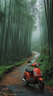 雾中竹林旁的红色复古摩托