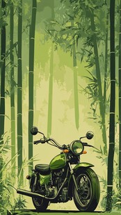竹林中的复古绿色摩托车