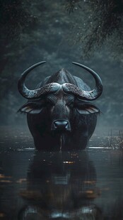 水中巨角水牛的神秘瞬间