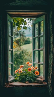 窗外田园景 窗边花绽放