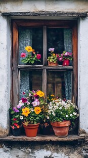 老旧窗台上的多彩花卉世界