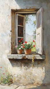 古朴窗台上的艳丽花卉