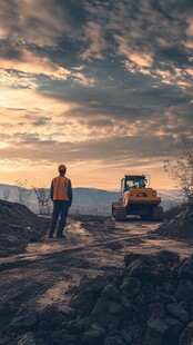夕阳下的工地工人与装载机