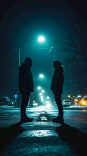 夜路旁的情侣剪影