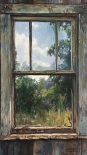 老旧木窗望绿意景致