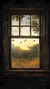 透过旧窗看飞鸟与夕景