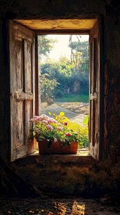 古窗映景 花盆绽彩