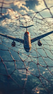 透过网格看高空飞行的飞机