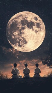 三人月下静坐赏明月