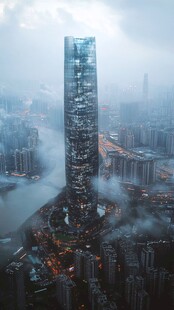 云雾中的摩天大楼景观