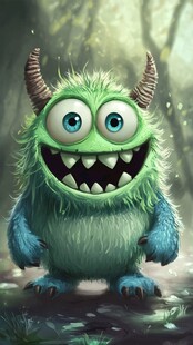 可爱绿毛怪兽森林中站立