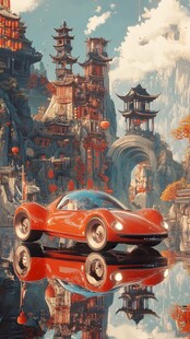 古风湖畔的酷炫红色跑车