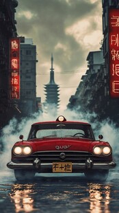 复古红车穿梭于烟雨都市