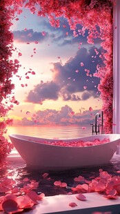 浪漫浴缸中的梦幻花瓣景致