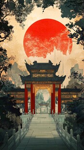 古风夕阳下的中式亭台楼阁